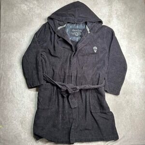 Robert Graham Mens Black Cotton Terry Hooded Bathrobe Skull Embroidered S/M
